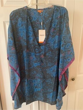 Mamey Blue Floral V-Neck Swim Coverup with Pink Trim